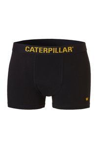 Boxer shorts pour hommes noirs en coton. Présentent un logo jaune "CATERPILLAR" sur la taille et un petit logo jaune sur la jambe.