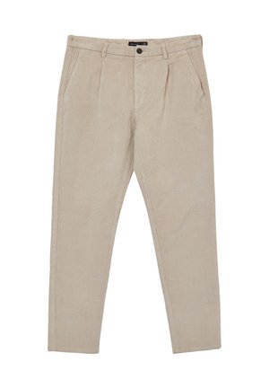 Pantaloni in corduroy beige con pieghe frontali, tasche laterali, passanti per la cintura e chiusura a bottone in vita.