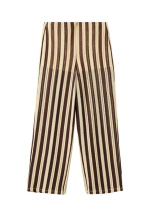 Pantalon à jambes larges avec des rayures verticales dans différentes nuances de marron et beige, en tissu texturé.