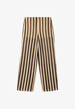 Pantalon à jambes larges avec des rayures verticales dans différentes nuances de marron et beige, en tissu texturé.