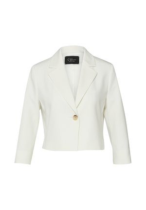 Witte cropped blazer met revers en een beige knoop, driekwart mouwen, afgebeeld tegen een witte achtergrond.