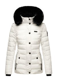 White puffer jacket with a black faux fur-lined hood, featuring snap buttons, zippered pockets, and quilted design.