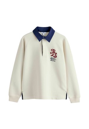 Kremfarvet rugbytrøje med lange ærmer, navy krave og rødt broderet "RLS" bogstaver og tekst på venstre bryst.