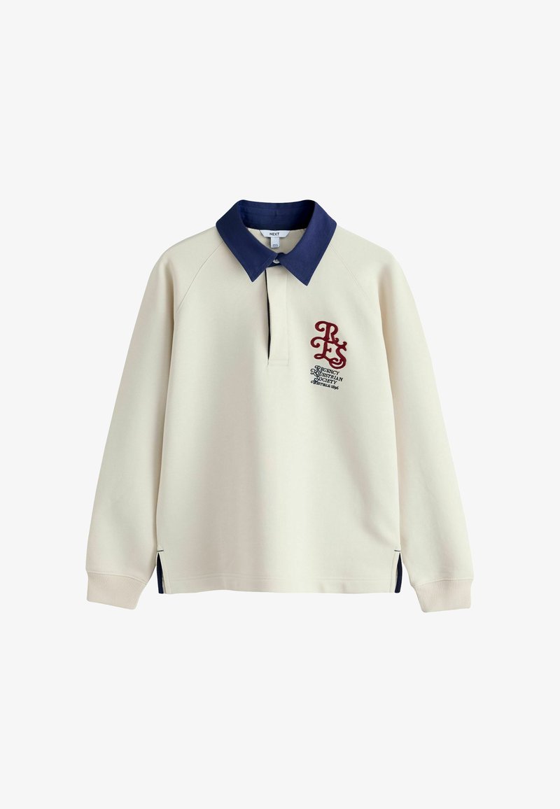 Maillot de rugby à manches longues crème avec col marine et lettrage brodé rouge "RLS" et texte sur la poitrine gauche.