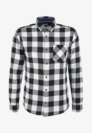 Chemise à manches longues à carreaux noir et blanc avec boutons, poche poitrine avant gauche et col classique.