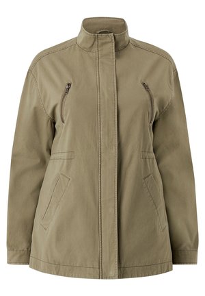 Khaki jakke med stående krave, to sidelommer og to lynlåslommer på brystet. Lavet af et robust stof med en glat tekstur.