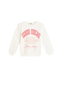 Sudadera blanca de manga larga con el texto rosa "GOOD IDEAS", con escote redondo y puños de canalé, diseñada para uso casual.