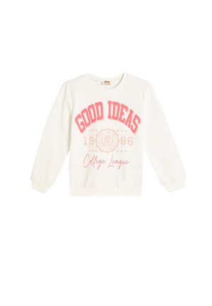 Hvid langærmet sweatshirt med pink tekst "GOOD IDEAS", rund halsudskæring og ribbede manchetter, designet til afslappet brug.