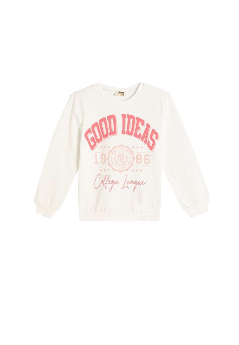 Sudadera blanca de manga larga con el texto rosa "GOOD IDEAS", con escote redondo y puños de canalé, diseñada para uso casual.