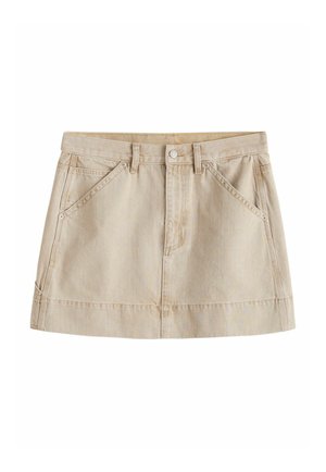 Beiger Denim-Minirock mit Fronttaschen, Gürtelschlaufen und Knopfverschluss.