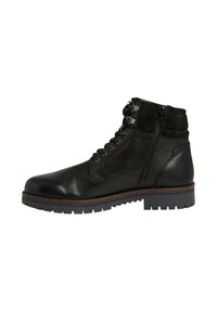 Bottines en cuir noir avec finition texturée, fermeture à double zip et design à lacets. Dotées d'une semelle en caoutchouc robuste avec une bonne adhérence.
