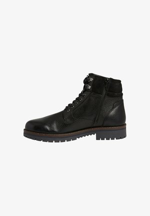 Bottines en cuir noir avec finition texturée, fermeture à double zip et design à lacets. Dotées d'une semelle en caoutchouc robuste avec une bonne adhérence.