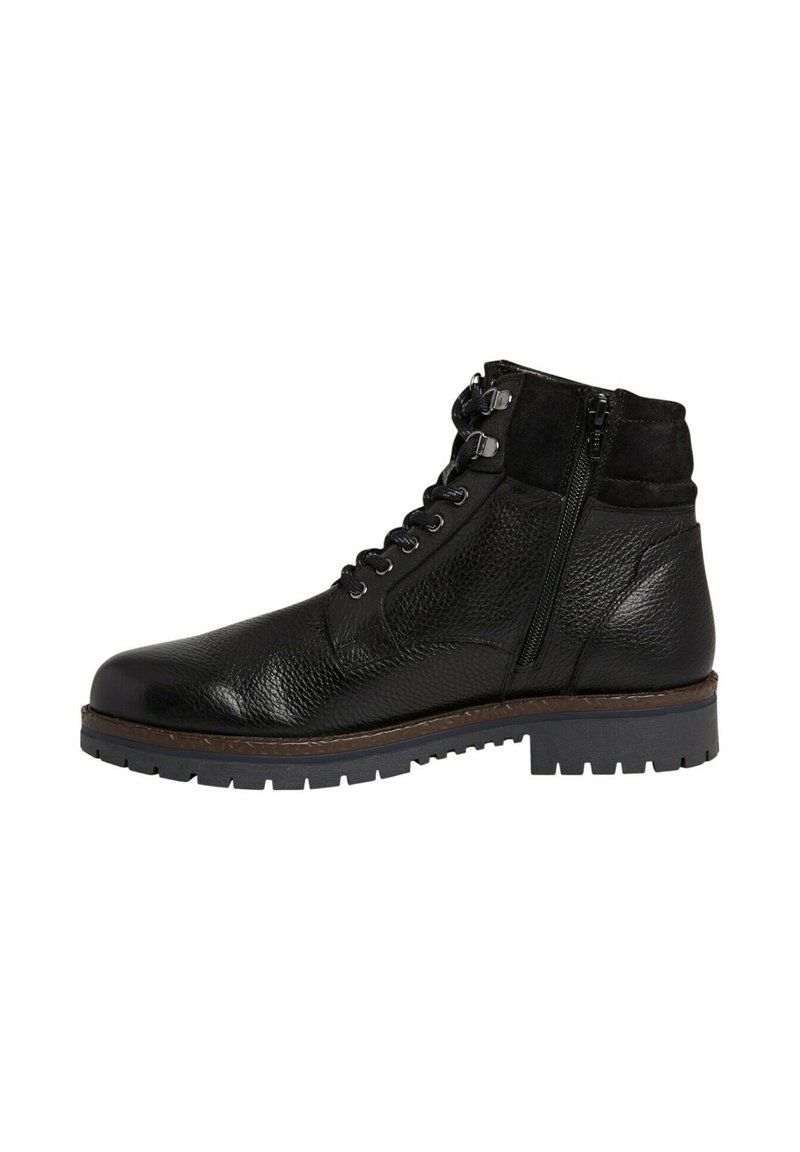 Bottines en cuir noir avec finition texturée, fermeture à double zip et design à lacets. Dotées d'une semelle en caoutchouc robuste avec une bonne adhérence.