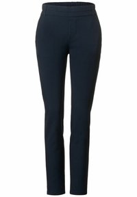 Navy blue, slim-fit trousers made of textured fabric. Features a smooth waistband with no visible hardware or pockets.