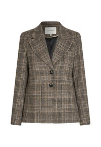 Blazer a quadri marrone realizzato in tessuto tessuto, con colletto a scollatura, due grandi tasche e tre bottoni neri sul davanti.