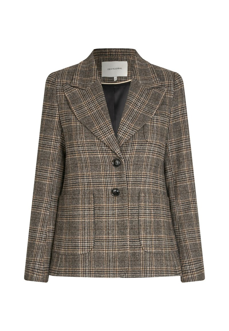 Blazer a quadri marrone realizzato in tessuto tessuto, con colletto a scollatura, due grandi tasche e tre bottoni neri sul davanti.