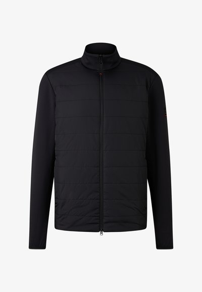 Czarna kurtka z zapięciem na zamek, wyściełanym przodem i gładkimi rękawami, z wysokim kołnierzem i subtelnymi kontrastami tekstur.