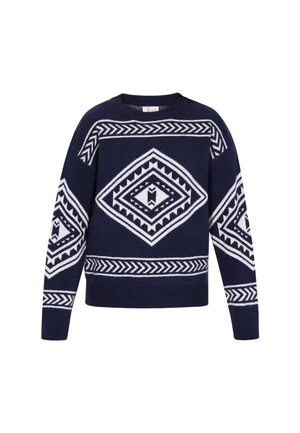 Tumedateeline kampsun, millel on valged geomeetrilised mustrid, sealhulgas ruudud ja siksakid, ribatud ümar kaelus ja mansetid. Pehme kudumise tekstuur.