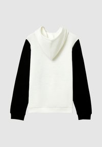 Felpa con cappuccio dal corpo bianco e maniche nere. Realizzata in morbido tessuto, presenta polsini e orlo a costine, con cappuccio doppio.