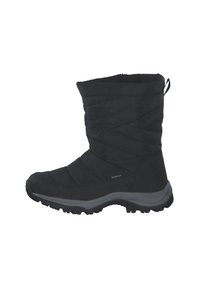 Schwarzer wasserdichter Winterstiefel mit einem gesteppten Design, runder Zehe und strukturiertem Sohlen. Verfügt über eine Zuglasche für einfaches An- und Ausziehen.