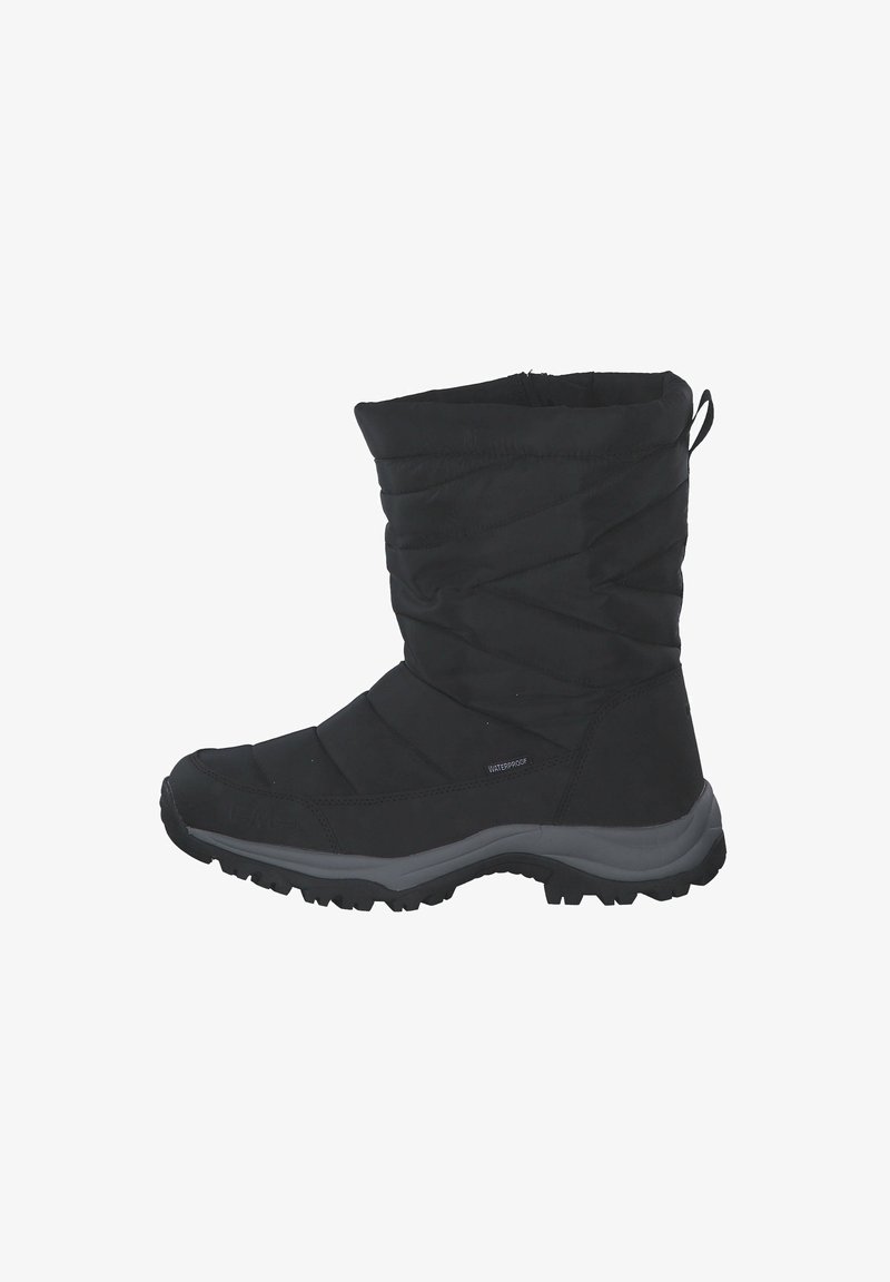 Schwarzer wasserdichter Winterstiefel mit einem gesteppten Design, runder Zehe und strukturiertem Sohlen. Verfügt über eine Zuglasche für einfaches An- und Ausziehen.