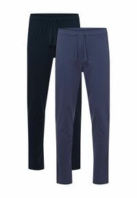 Two pairs of jogger pants in dark navy and slate blue. Made of soft cotton with elastic waistbands and adjustable drawstrings.