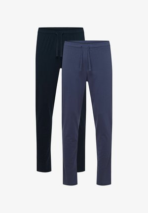Dwie pary spodni dresowych w ciemnym granacie i stonowanym niebieskim. Wykonane z miękkiej bawełny, z elastycznymi paskami w talii i regulowanymi sznurkami.