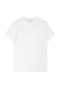 Płaski biały t-shirt z krótkim rękawem i okrągłym dekoltem, ukazujący przednią stronę, z delikatną fakturą materiału, bez widocznych wzorów lub logo.