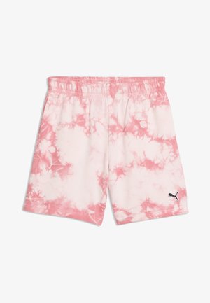 Roze- en wit tie-dye shorts met elastische tailleband en klein zwart Puma-logo op het onderste rechterbeen.