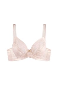 Koronkowy stanik w delikatnym różu, z fiszbinami i centralną kokardką. Regulowane ramiączka z gładkim plecami. Złożony wzór koronki.