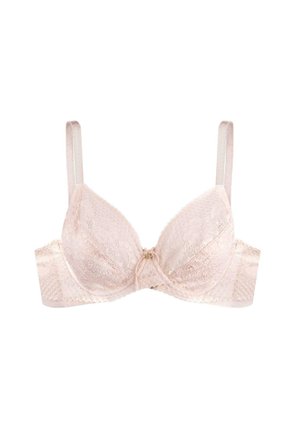 Spitzen-BH in sanftem Rosa, mit UnterstÜtzung und einer zentralen Schleifendetail. Verstellbare Träger mit einem glatten Rückendesign. Filigranes Spitzenmuster.