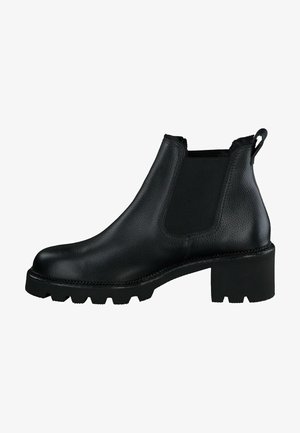 Mustad mustad mustad nahk Chelsea botased tekstuurse viimistlusega, elastsete külgdega ja paksu kummitaldaga. Tagaküljel on tõmbeaas.