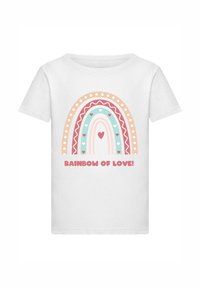 White cotton t-shirt featuring a multi-colored rainbow graphic with hearts and the text "RAINBOW OF LOVE!" in pink. Short sleeves, crew neck.