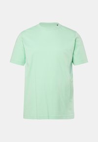 Mintgroen katoenen t-shirt met een ronde hals, korte mouwen en een ontspannen pasvorm. Glad oppervlak en eenvoudig ontwerp zonder patronen of accenten.