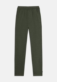 Mörkgröna slim-fit byxor med elastisk midja och sidofickor, liggande på vit bakgrund.