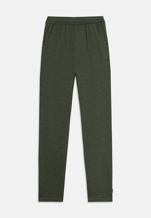 Calças ajustadas verde-escuras com cintura elástica e bolsos laterais, dispostas em plano sobre fundo branco.