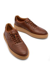 Brązowe skórzane trampki o teksturowanym wykończeniu, okrągłym nosku i kontrastowej, beżowej gumowej podeszwie. Posiadają sznurowanie oraz akcent w formie wielokolorowych pasków.