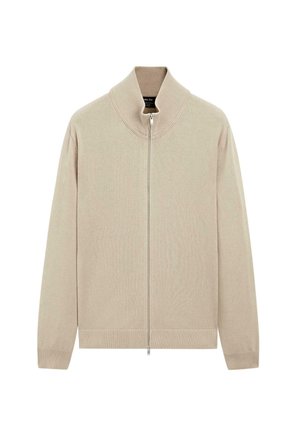 Beige zip-up sweater with a high collar, ribbed cuffs, and hem. Soft texture, minimalist design, and smooth finish add to its modern look.