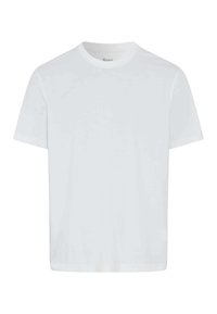 T-shirt bianco a maniche corte in cotone. Presenta un collo rotondo e una vestibilità comoda. Tessuto liscio senza motivi o dettagli.