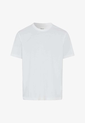 Weißes T-Shirt mit kurzen Ärmeln aus Baumwolle. Hat einen runden Halsausschnitt und eine lockere Passform. Glatte Textur ohne Muster oder Akzente.