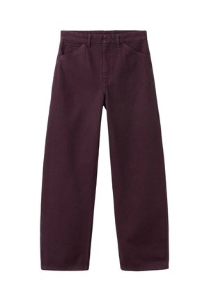 Donkerpaarse rechte broek met steekzakken aan de voorkant en riemlussen, afgebeeld tegen een witte achtergrond.