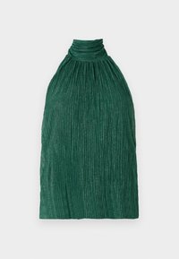 Top plissettato verde con collo alto. Realizzato in tessuto testurizzato, presenta un design arricciato e righe verticali per un maggiore volume.