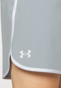 Ljust grå träningsshorts med vit kant och Under Armour-logga på låret, bärs på en persons ben.