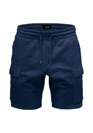 Navy blue men's shorts with elastic waistband, drawstring, and cargo pockets on both sides, labeled "Humy" at the inner waistband.