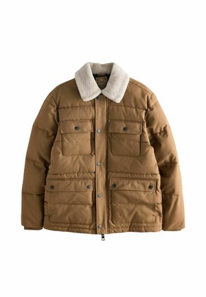 Hnedá puffrová bunda s texturovaným krémovým umelým kožuchom. Obsahuje štyri predné vrecká a zapínanie na cvoky. Polstrovaný dizajn pre teplo.