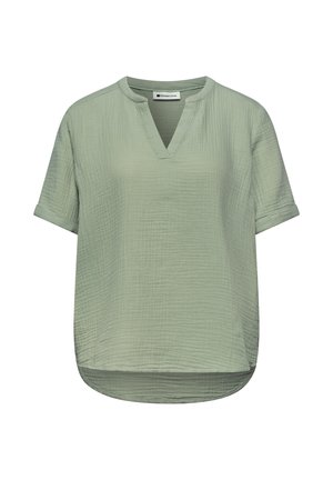 Hellgrüne, kurzärmelige Bluse aus strukturiertem Stoff mit V-Ausschnitt und abgerundetem Saum, entworfen für legere Freizeitkleidung.