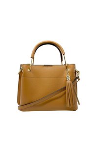 Borsa a mano in pelle color tan con doppio manico superiore, tracolla rimovibile e finiture dorate. Presenta un accento a nappina e una superficie testurizzata.