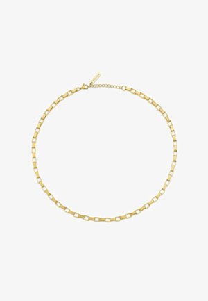 Gouden ketting met vierkante schakels, een gestructureerde afwerking en een verstelbare sluiting. Heeft een lengte van ongeveer 45 centimeter.