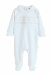 Grenouillère blanche pour bébé avec des petits pois légers, un col arrondi et une bande smockée ornée d'animaux brodés dans des couleurs pastel douces.