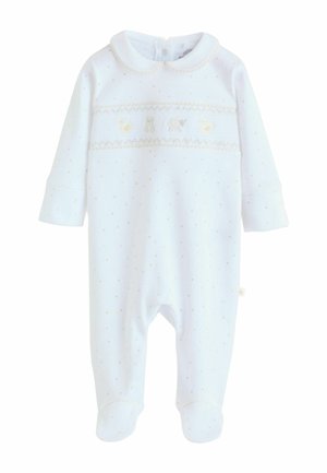 Biele detské dupačky s jemnými bodkami, zaokrúhleným golierom a plisovaným pásom s vyšívanými zvieratkami v jemných pastelových farbách.